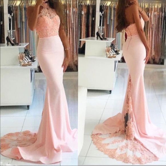Dresses & Skirts - Long lace pink peach prom or bridesmaid dress
